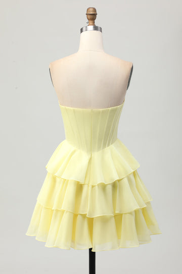 Sparkly Yellow Strapless Tiered Corset Short Cocktail Dress with Beading